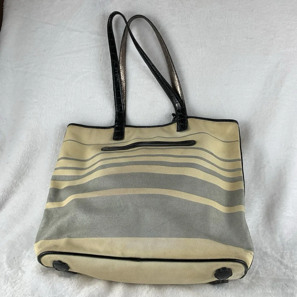 Brighton Graham Embroidered Tote Bag BlackWhiteSilver Canvas/Leather *Yellowed*